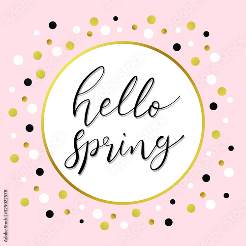 Hello Spring hand drawn sketched Lettering spring season on white color with golden outline circle and variation of dot in white, gold and black pattern on pastel pink background for greeting card, in