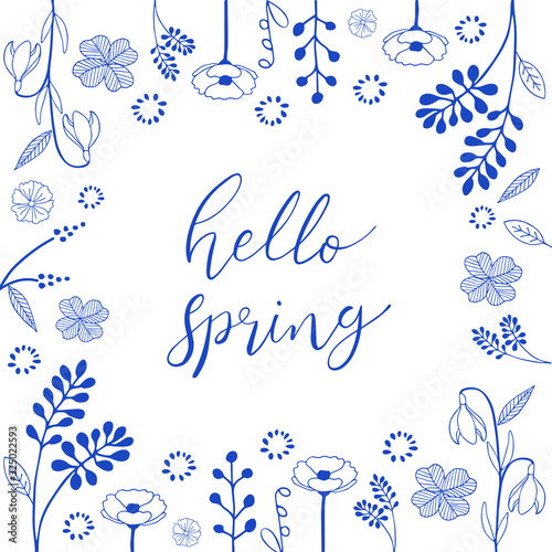 Hello Spring hand drawn sketched Lettering spring season with hand drawn variation flower pattern in blue color on white background for greeting card, invitation template vector 