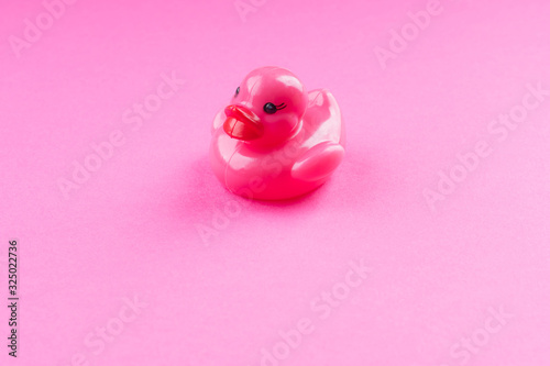 Pink glamour rubber duck with red lips on monochrome background.