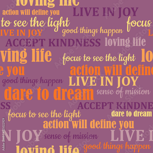 Seamless trendy typography vector pattern with colorful words related to heartfulness, hope, kindness and dream on black background designed for web, fabric, paper and all prints