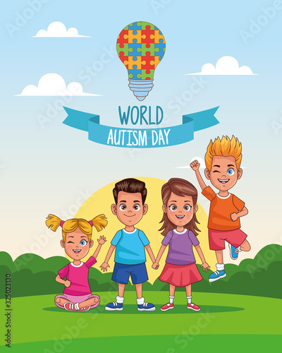 world autism day kids with puzzle bulb in landscape
