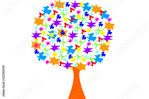 Vector illustration of colored tree made of abstract shapes. Asymmetric tree shape.
