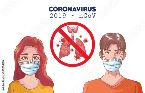 coronavirus infographic with people using mask and lungs