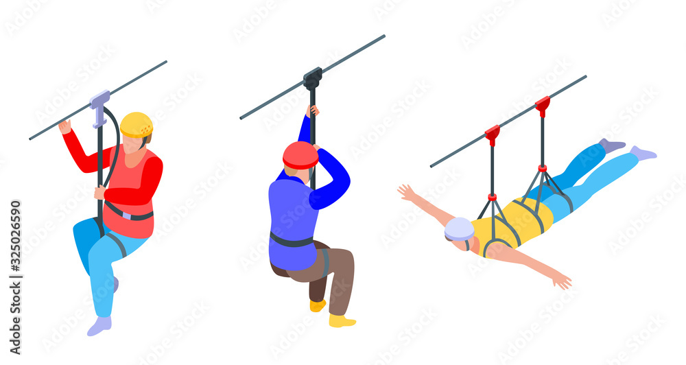 Zip line icons set. Isometric set of zip line vector icons for web design isolated on white background Zip line icons set. Isometric set of zip line vector icons for web design isolated on white background