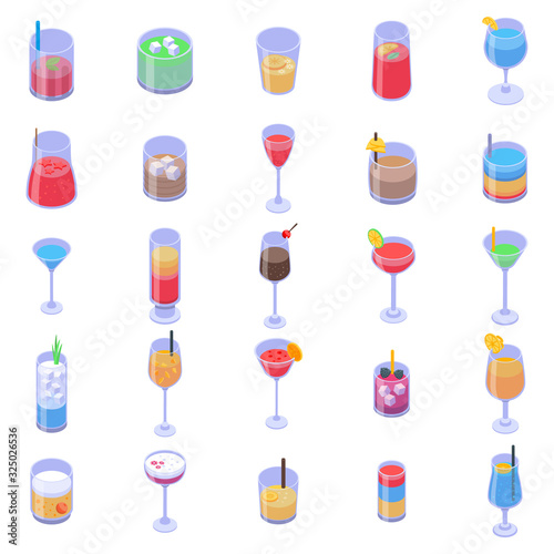 Cocktail icons set. Isometric set of cocktail vector icons for web design isolated on white background