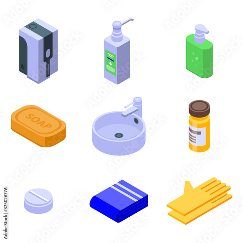 Sanitation icons set. Isometric set of sanitation vector icons for web design isolated on white background