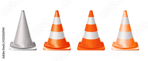 Set 3d orange realistic traffic cones with light and orange stripes isolated on white background. Vector illustration.