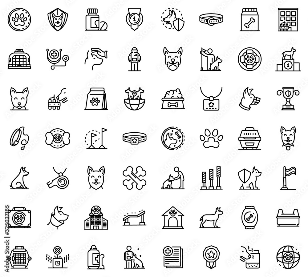 Dog handler icons set. Outline set of dog handler vector icons for web