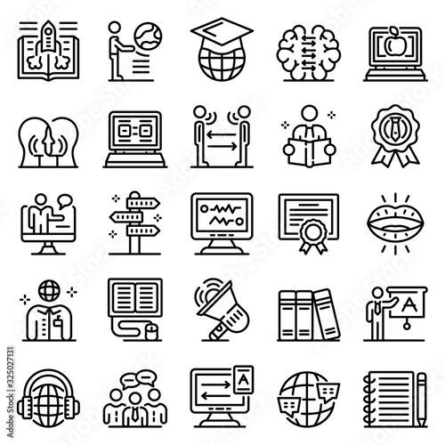 Foreign language teacher icons set. Outline set of foreign language teacher vector icons for web design isolated on white background