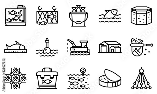 Fish farm icons set. Outline set of fish farm vector icons for web design isolated on white background