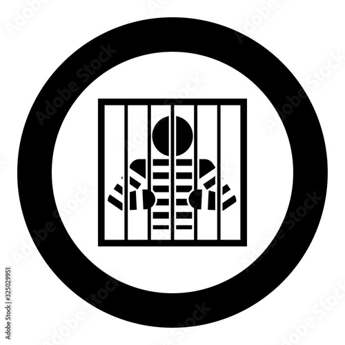 Prisoner behind bars holds rods with his hands Angry man watch through lattice in jail Incarceration concept icon in circle round black color vector illustration flat style image