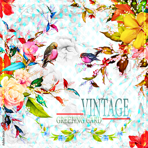 Greeting vintage card with flowers. Wild rosemary with snowberry, peony, leaves and birds. This template can be used in different invitations and holidays. Vector - stock.
