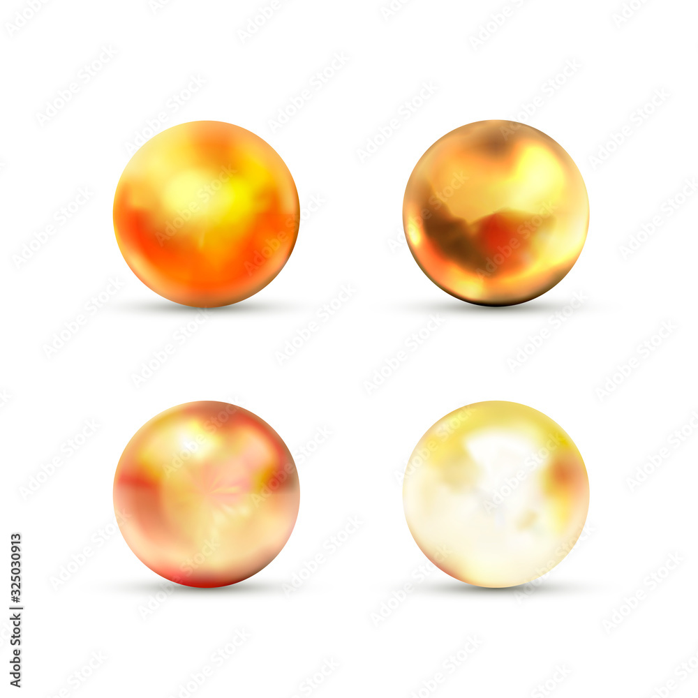Fototapeta premium Set of yellow glossy marble balls with glare on white