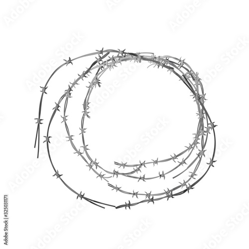 Tangled hank of metal barbed wire on white