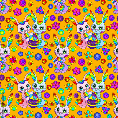 Seamless pattern on the theme of the Easter holiday  cute cartoon bright rabbits and flowers  colored animals on an orange background