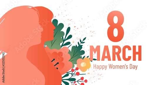  Happy women's day. 8 march. Vector  banner with women's silhouettes, flowers and lettering