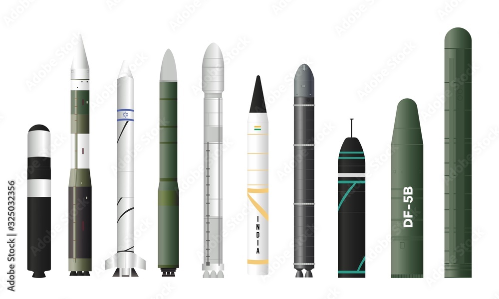 world strongest Military Missile Rocket in the world collection Isolated on White. Vector Illustration. Ballistic Intercontinental Rocket with Nuclear Bomb. Ground-to-air and Air-to-air missile. - obrazy, fototapety, plakaty 