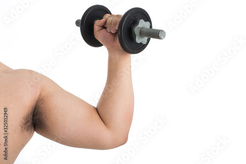 fat man arm workout with dumbbell