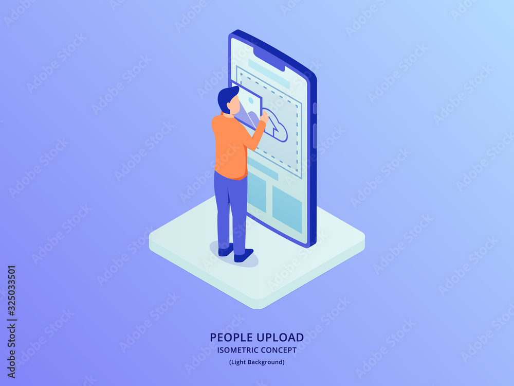 man upload image file to social media sharing with isometric style man upload image file to social media sharing with isometric style