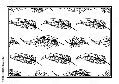 Black and white boho style feathers antistress coloring page