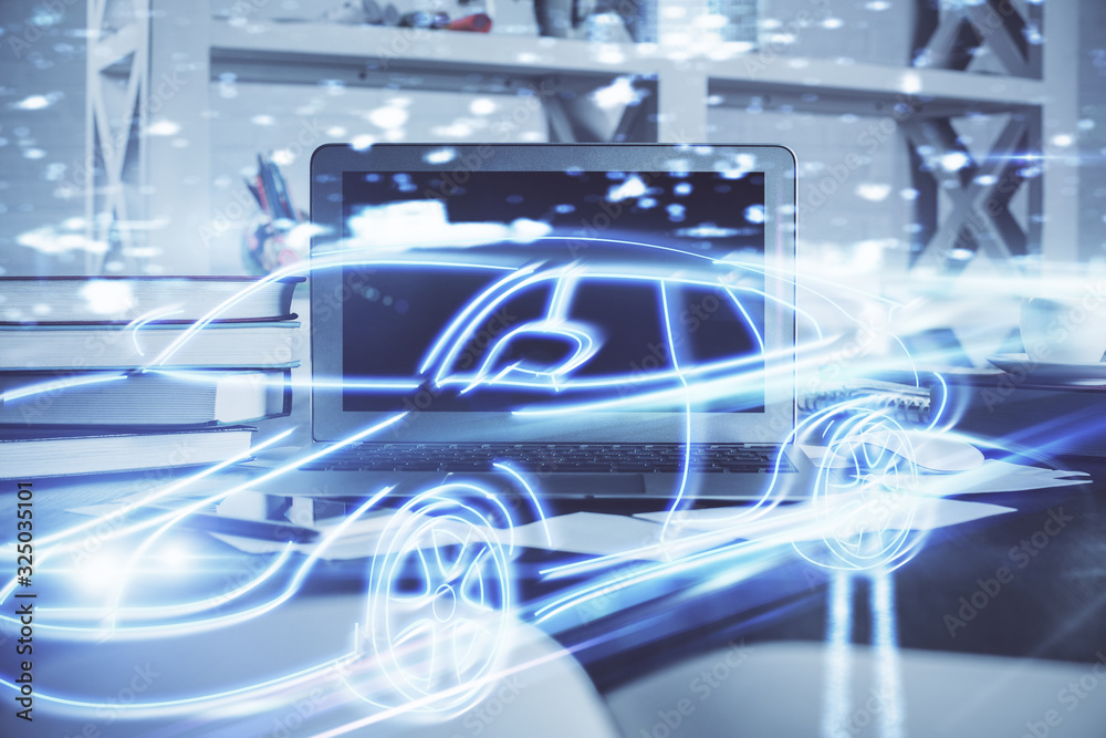 Desktop computer background in office with automobile hologram drawing. Multi exposure. Tech concept. Desktop computer background in office with automobile hologram drawing. Multi exposure. Tech concept.