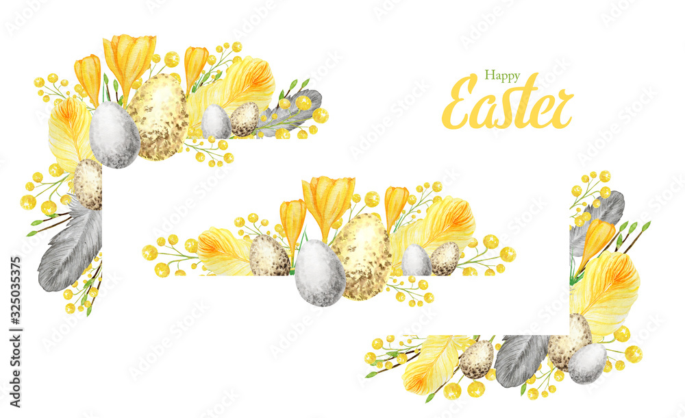 Foto Watercolor Spring happy Easter frame element set with inscription