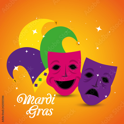 Mardi gras masks and hat design, Party carnival decoration celebration festival holiday fun new orleans and traditional theme Vector illustration