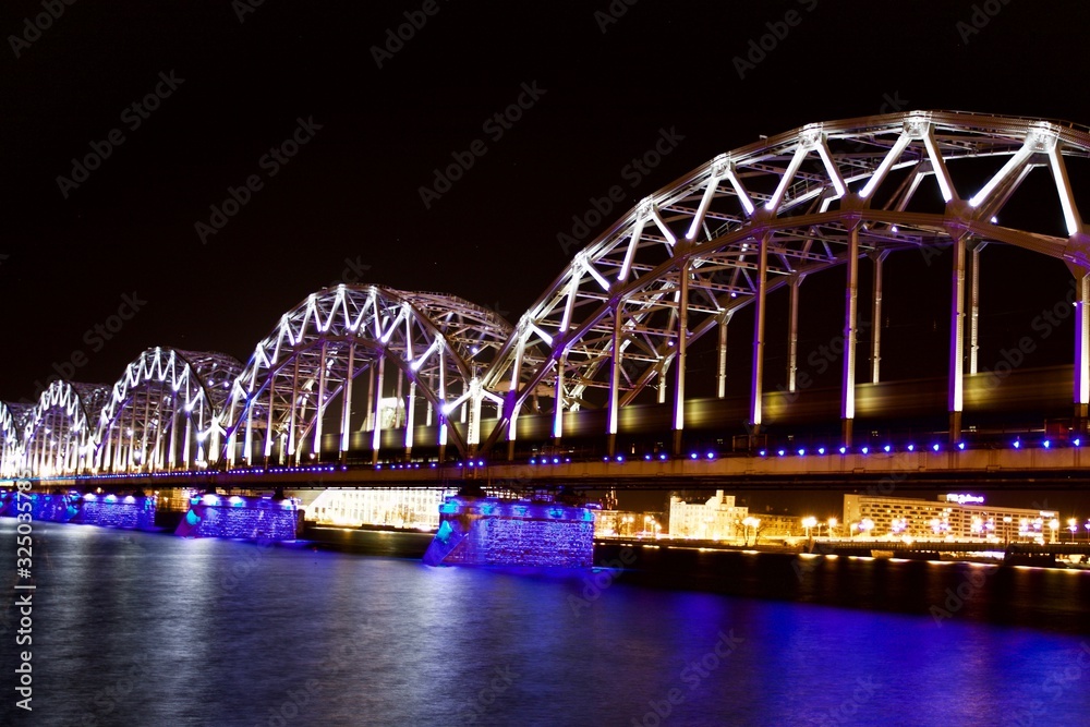 Riga steel bridge at night, Latvia