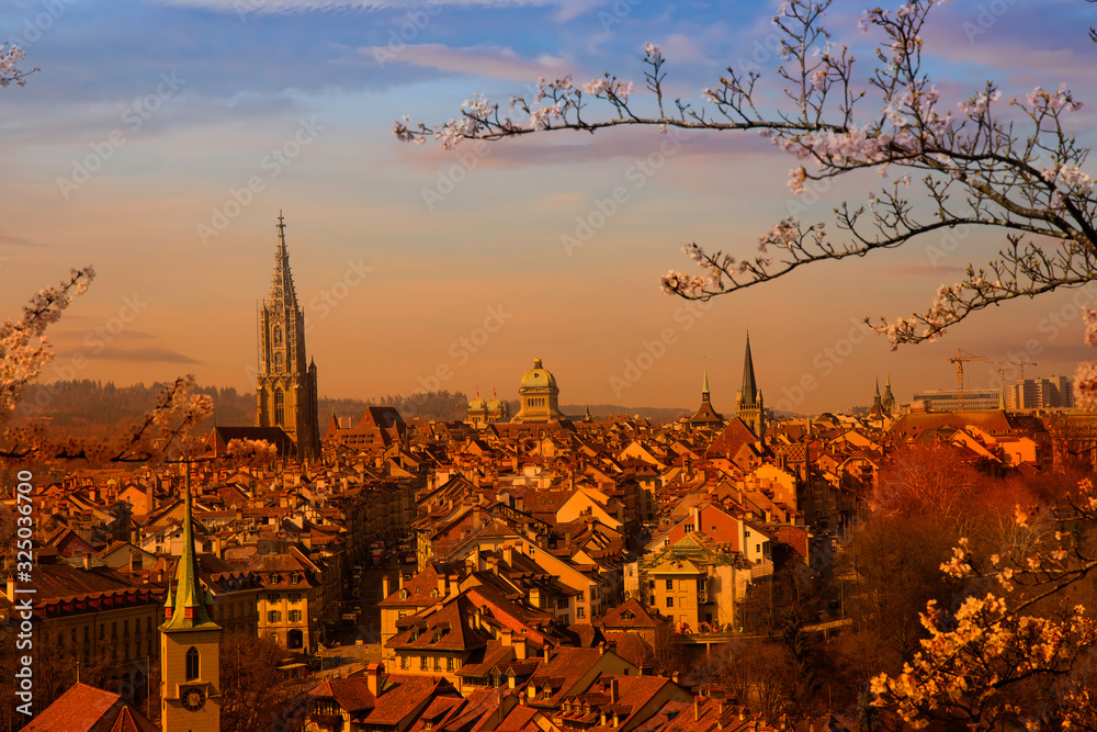 Φωτογραφία City Berne in Switzerland  and Beautiful of cherry blossom in spring season as a sunset sky scene , which  Bern, capital city of Switzerland