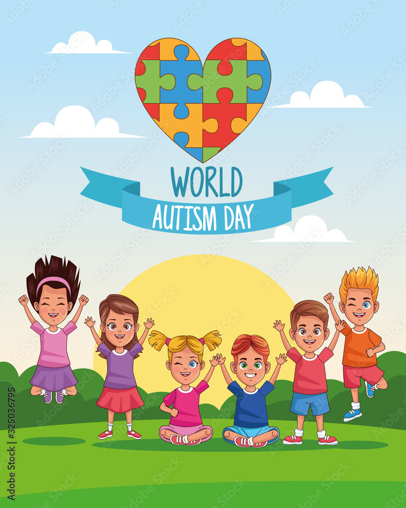 world autism day kids with heart puzzle in landscape