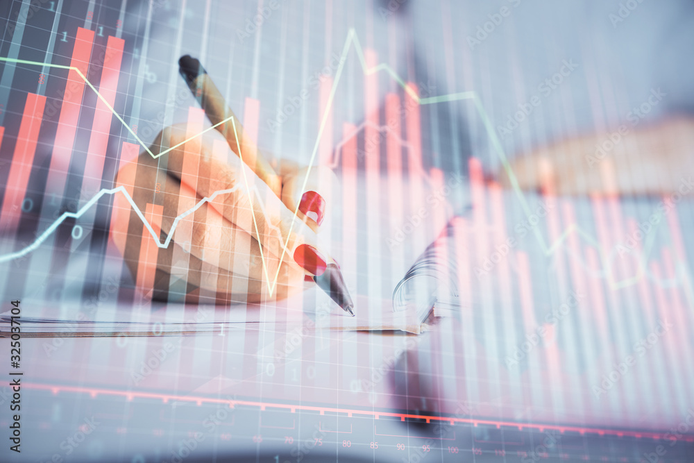 Double exposure of woman's hands making notes with forex graph hologram. Concept stock market analysis. Double exposure of woman's hands making notes with forex graph hologram. Concept stock market analysis.