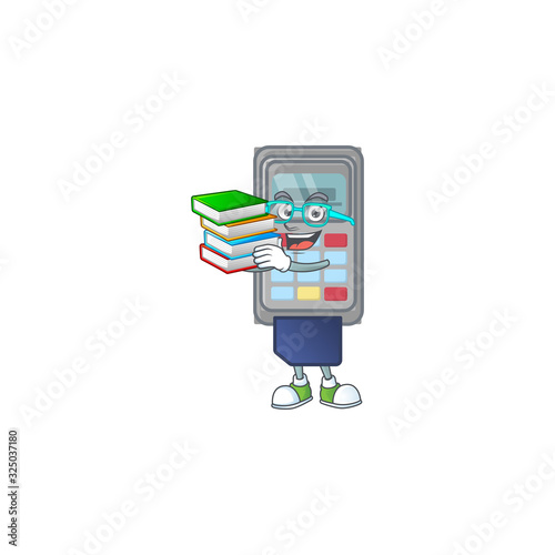 A brainy clever cartoon character of POS machine studying with some books