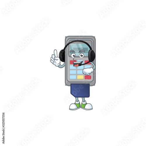 Sweet POS machine cartoon character design speaking on a headphone