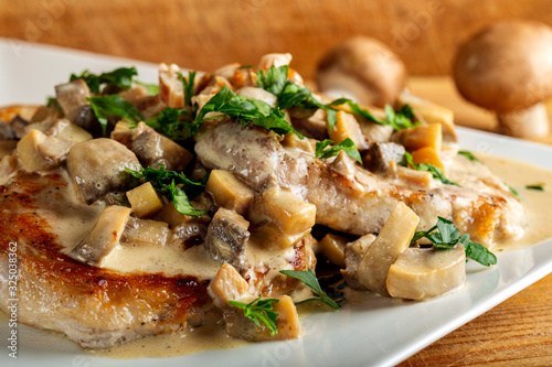 Pork meat with cream sauce and mushrooms