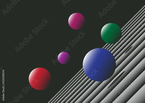 Fotografie, Obraz Abstract dark background many balls or planets soar in the air or bounce or with