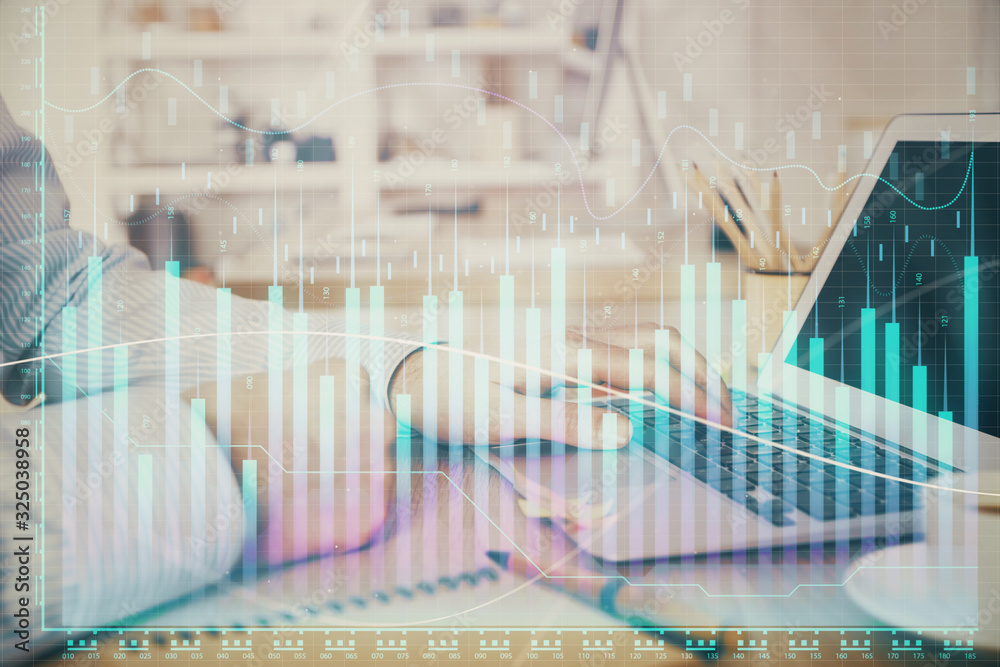Multi exposure of stock market chart with man working on computer on background. Concept of financial analysis. Multi exposure of stock market chart with man working on computer on background. Concept of financial analysis.