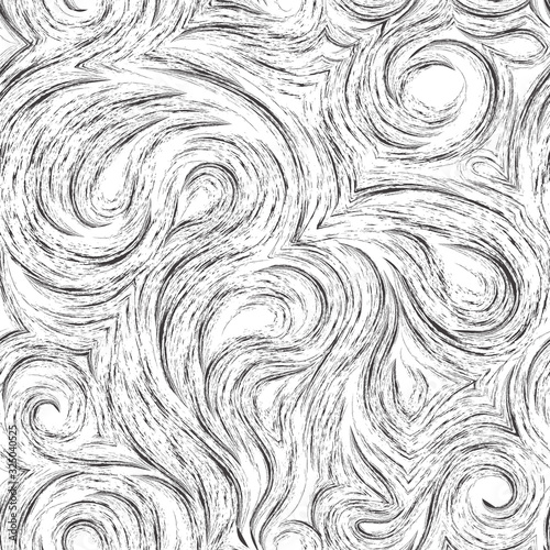 Flowing vector seamless pattern of splashes or brush strokes in the form of spirals of loops and curls. Wood or marble texture in black isolated on white background