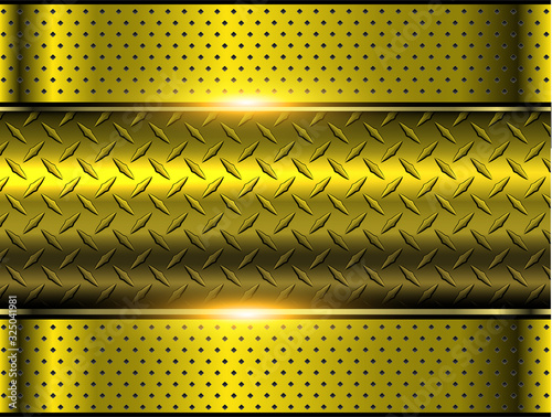 Background gold metallic, 3d chrome vector design with diamond plate sheet metal texture.