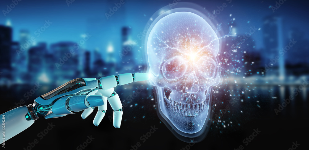 Robot hand using digital x-ray skull holographic scan projection 3D rendering