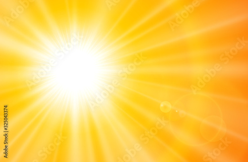 Sun with lens flare, vector natural orange sunny background.