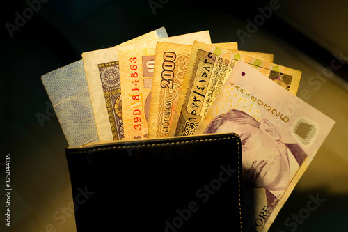 Close up many bank notes in wallet from various countries from around the world. Singapore, Vietnam, Laos, India, Saudi Arabia and Canada.bills