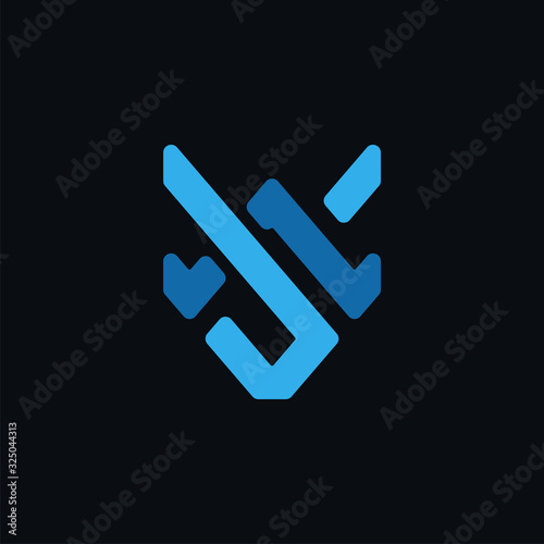 Initial letter JA or JW logo template with sporty fox head line art symbol in flat design monogram illustration