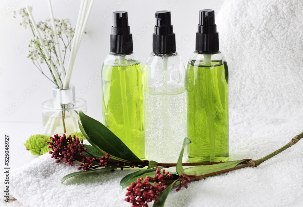 Organic skincare products on minimalistic SPA background with copy space