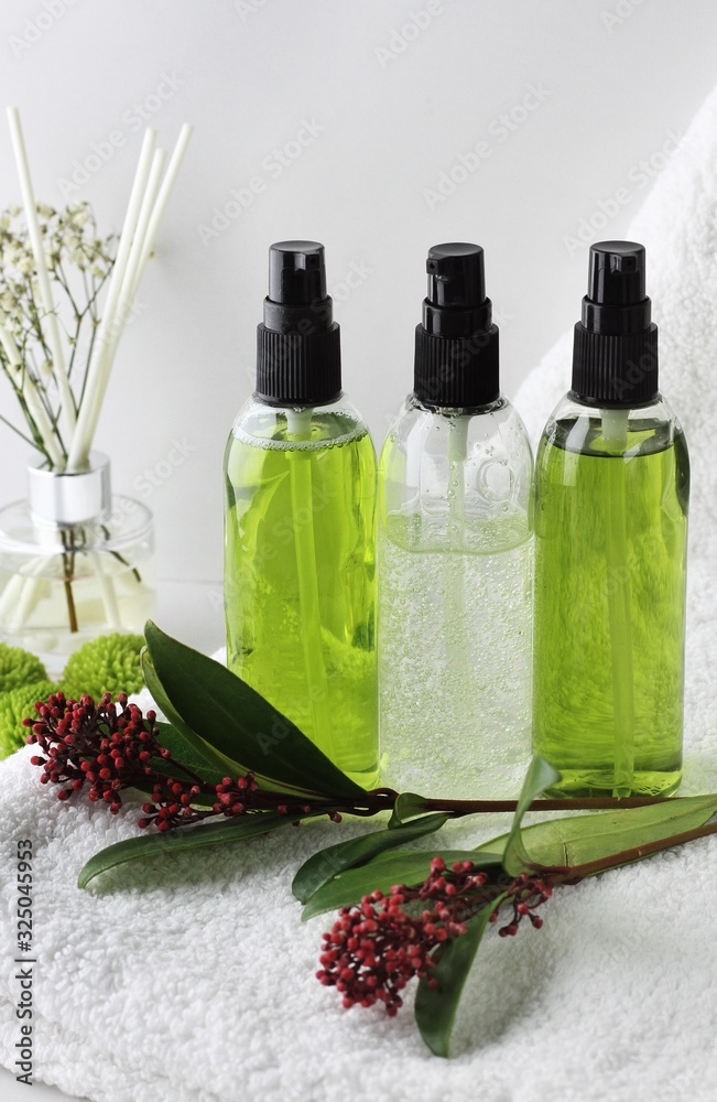 Organic skincare products on minimalistic SPA background with copy space