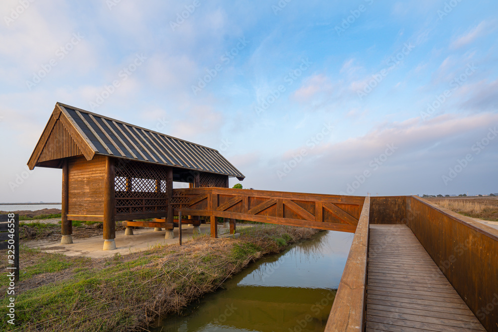 Wooden cabin or bird hut for bird watching in the Ebro river delta, Spain