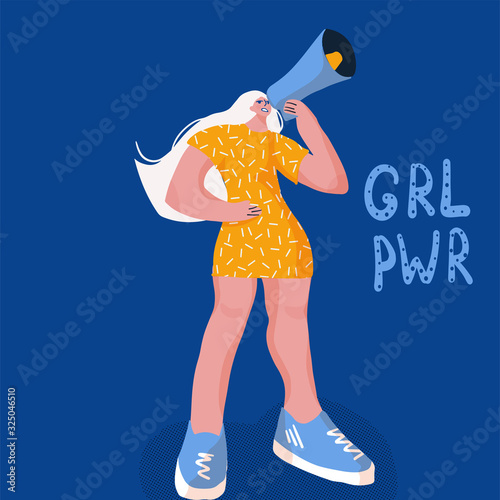 Cartoon vector illustration of portrait  woman shouting with a megaphone.