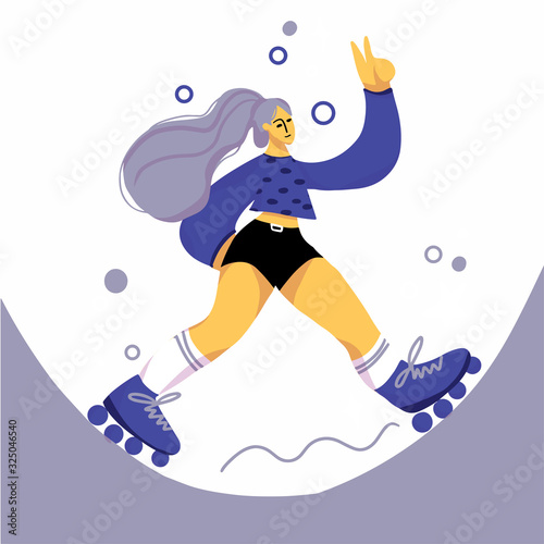 Cartoon cute flat girl big size roller skating.  Vector illustration
