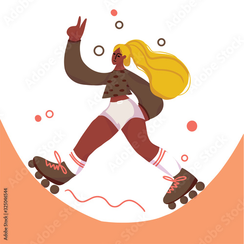 Cartoon cute flat girl big size roller skating.  Vector illustration