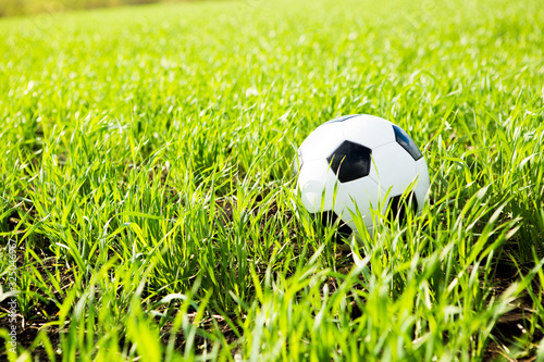 Soccer ball on a green lawn close up against clear blue sky and sun