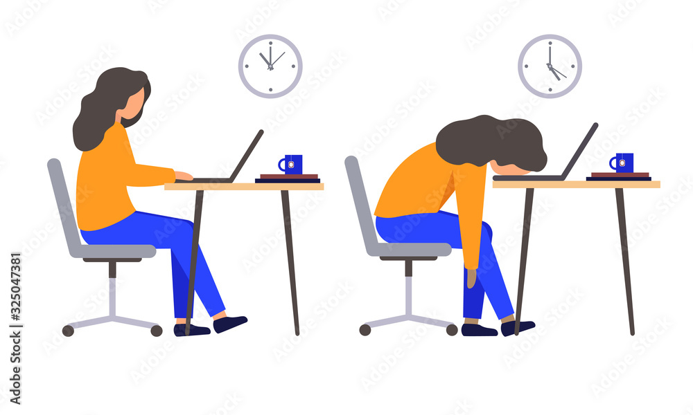 Professional burnout. An office worker is tired of working. Cartoon character in the flat style.
